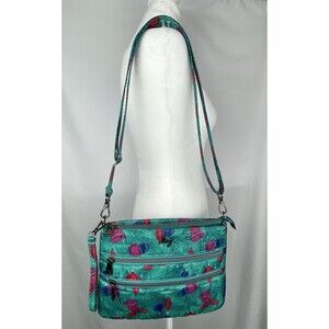 LUG Womens Dazzle Crossbody Bag Teal Pine Ornaments Bells Quilted Holiday RFID‎